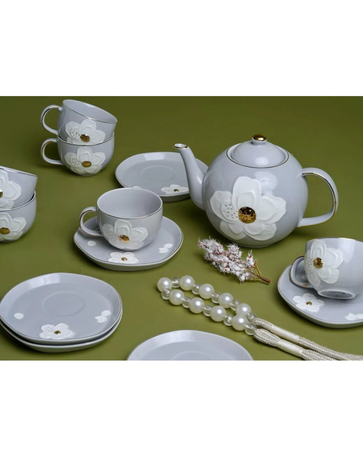 Premsons® Floral Ceramic Tea Cup and Saucer Set of 6 with White Flower Design and Gold Accents