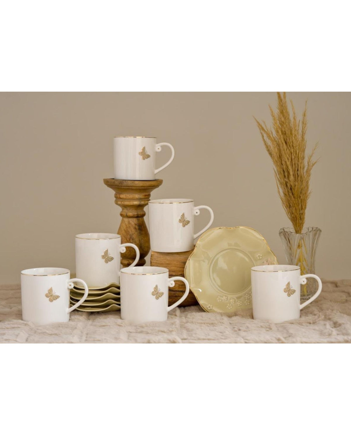 Premsons® Set of 6 White Coffee Mugs with Gold Butterfly Design and 1 Matching Saucer