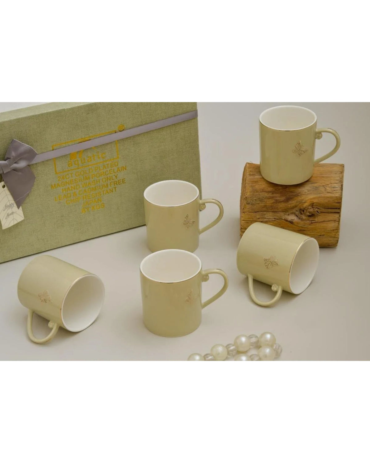 Premsons® Set of 6 Sage Green Porcelain Coffee Mugs with Gold Butterfly Motif and Premium Gift Box
