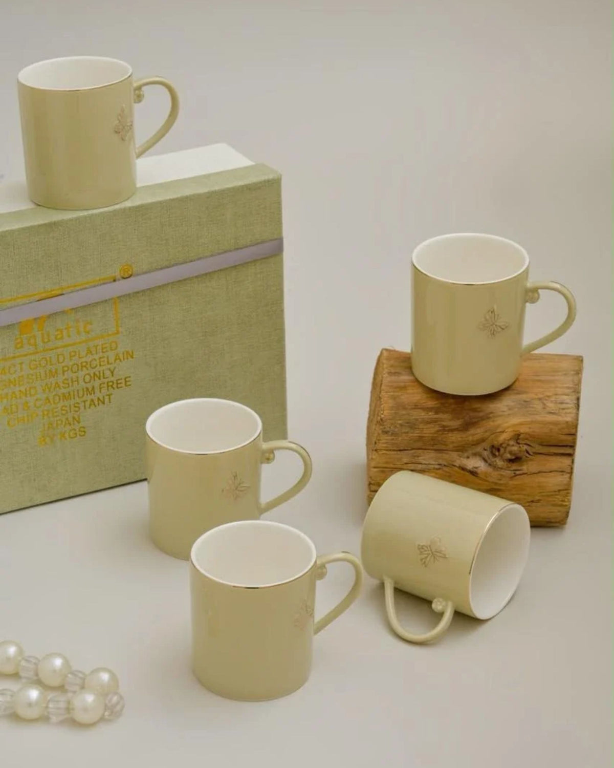Premsons® Set of 6 Sage Green Porcelain Coffee Mugs with Gold Butterfly Motif and Premium Gift Box