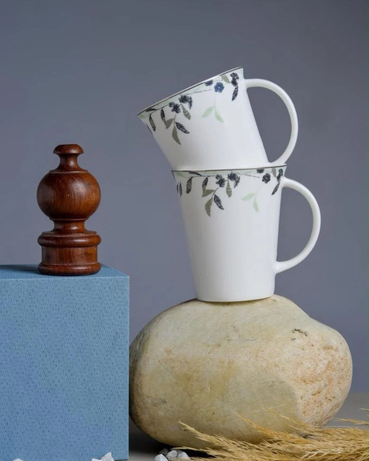 Premsons® Set of 6 White Porcelain Coffee Mugs with Blue and Green Botanical Floral Print and Matching Saucers