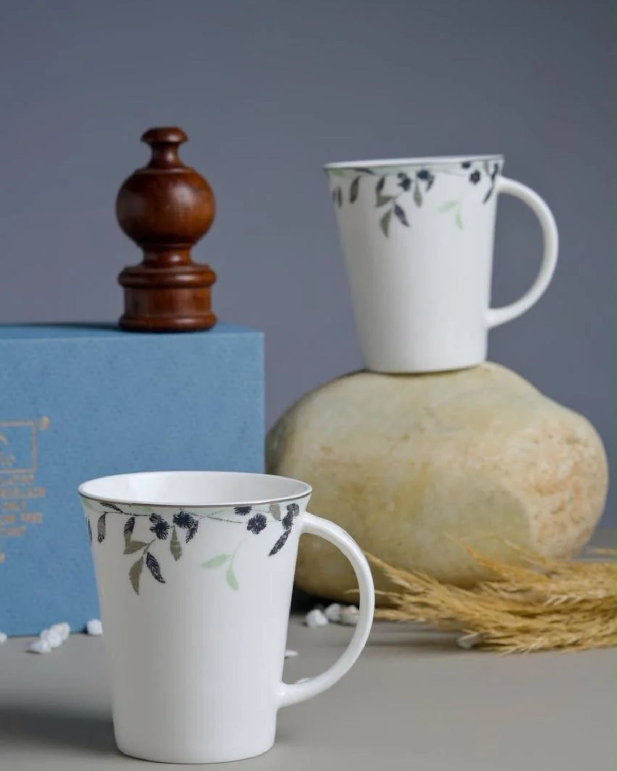 Premsons® Set of 6 White Porcelain Coffee Mugs with Blue and Green Botanical Floral Print and Matching Saucers