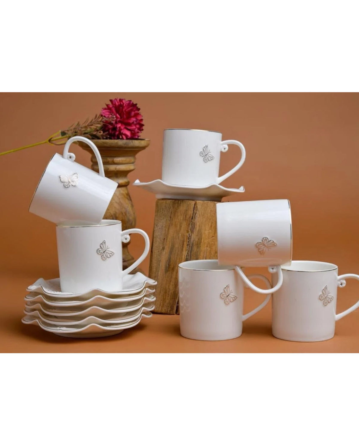 Premsons® Set of 6 White Porcelain Cups with Delicate Gold Butterfly Motif and Elegant Gold Accents