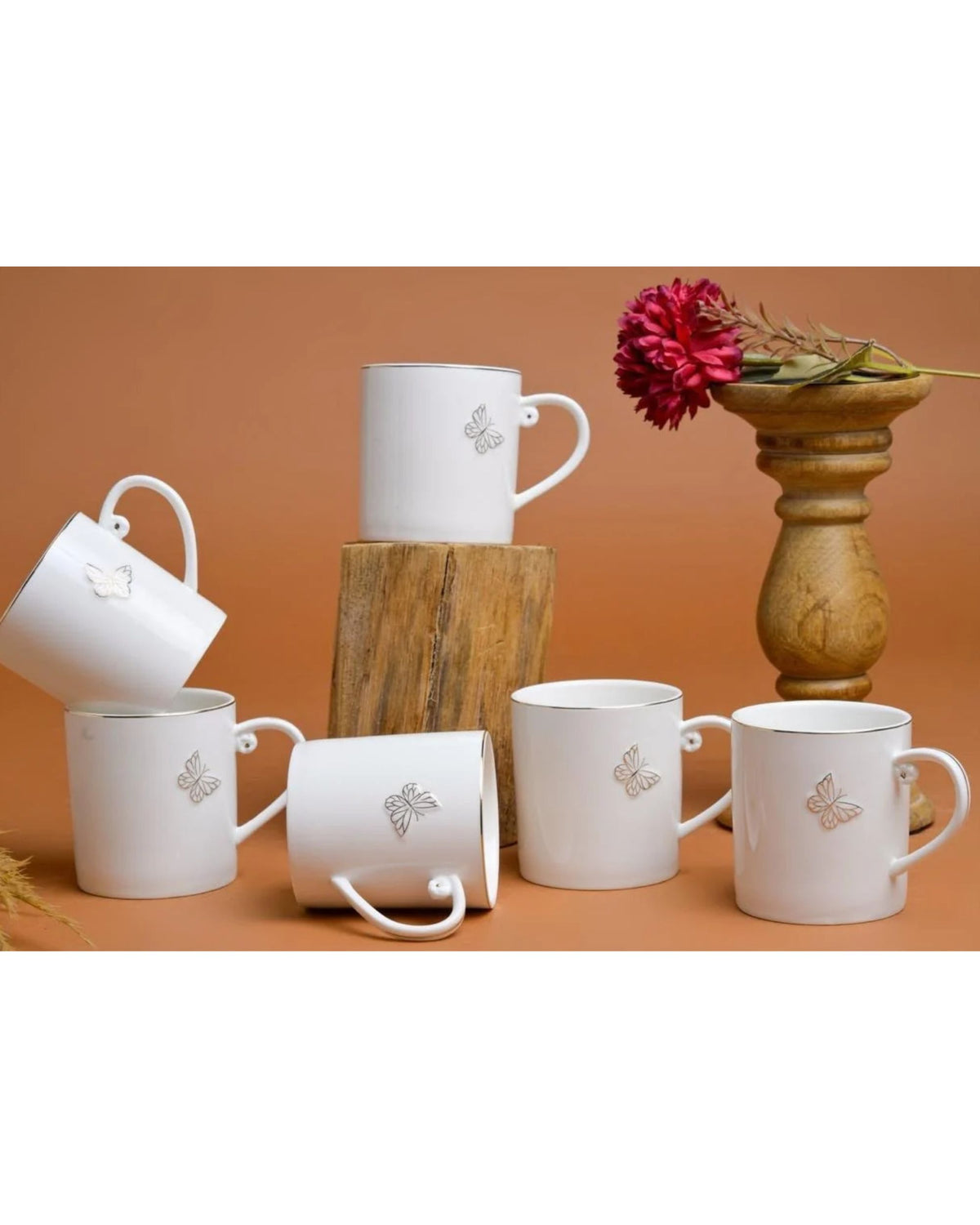 Premsons® Set of 6 White Porcelain Cups with Delicate Gold Butterfly Motif and Elegant Gold Accents