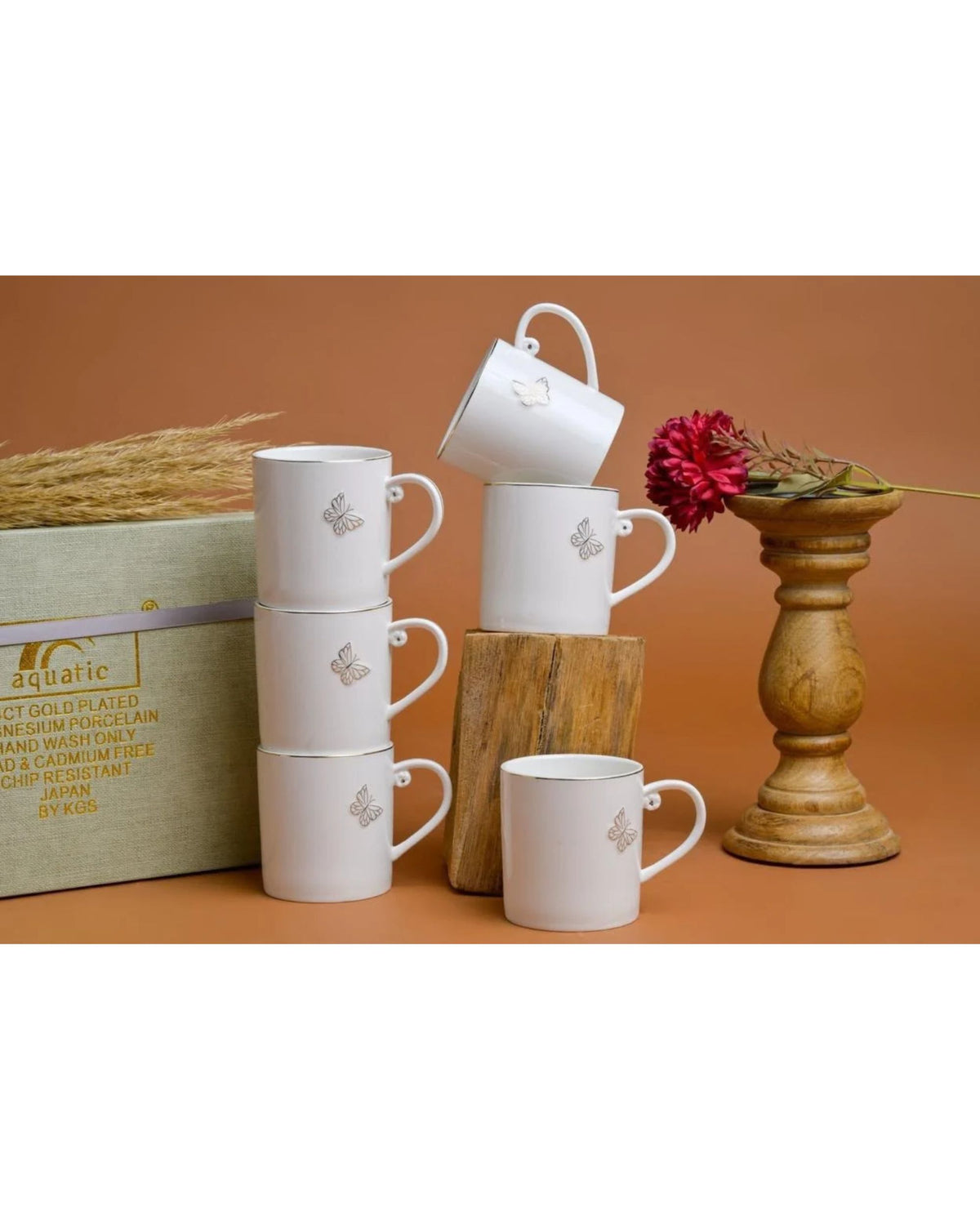 Premsons® Set of 6 White Porcelain Cups with Delicate Gold Butterfly Motif and Elegant Gold Accents