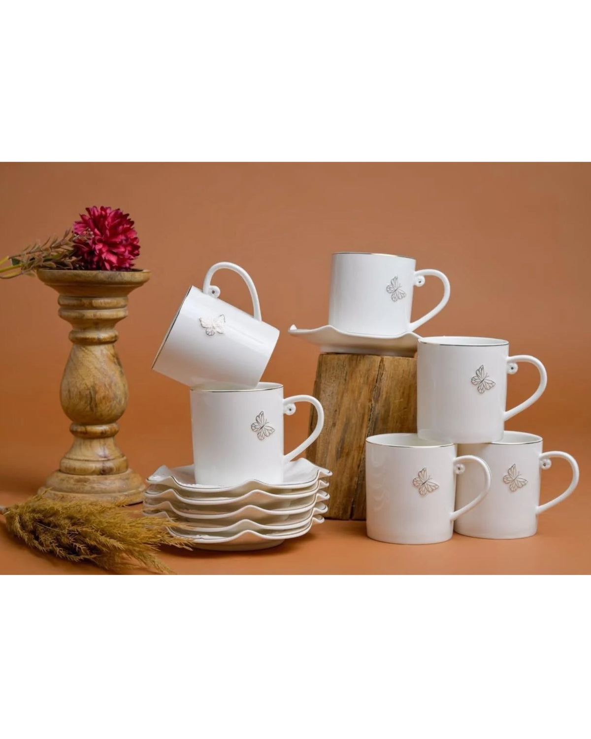 Premsons® Set of 6 White Porcelain Cups with Delicate Gold Butterfly Motif and Elegant Gold Accents