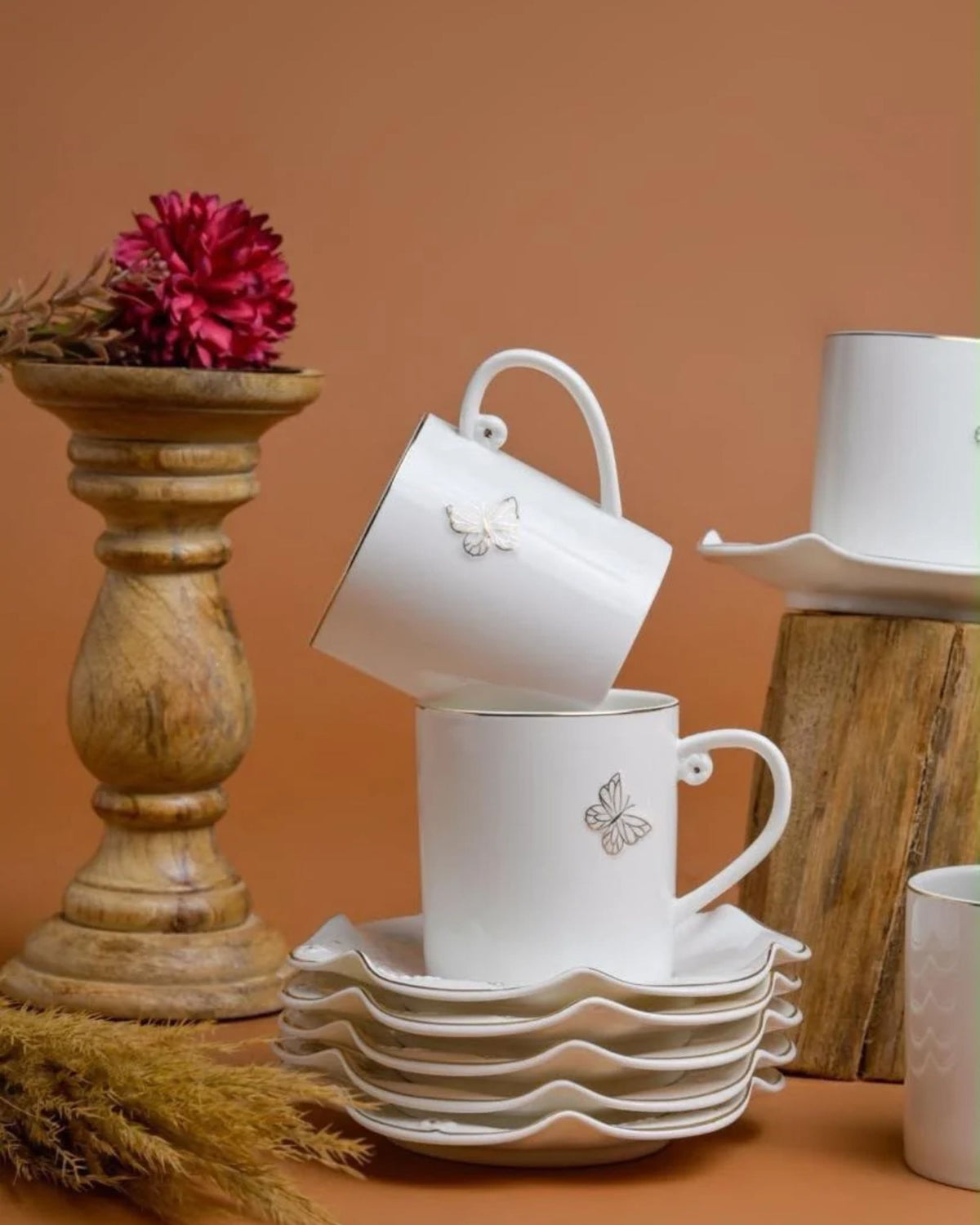 Premsons® Set of 6 White Porcelain Cups with Delicate Gold Butterfly Motif and Elegant Gold Accents