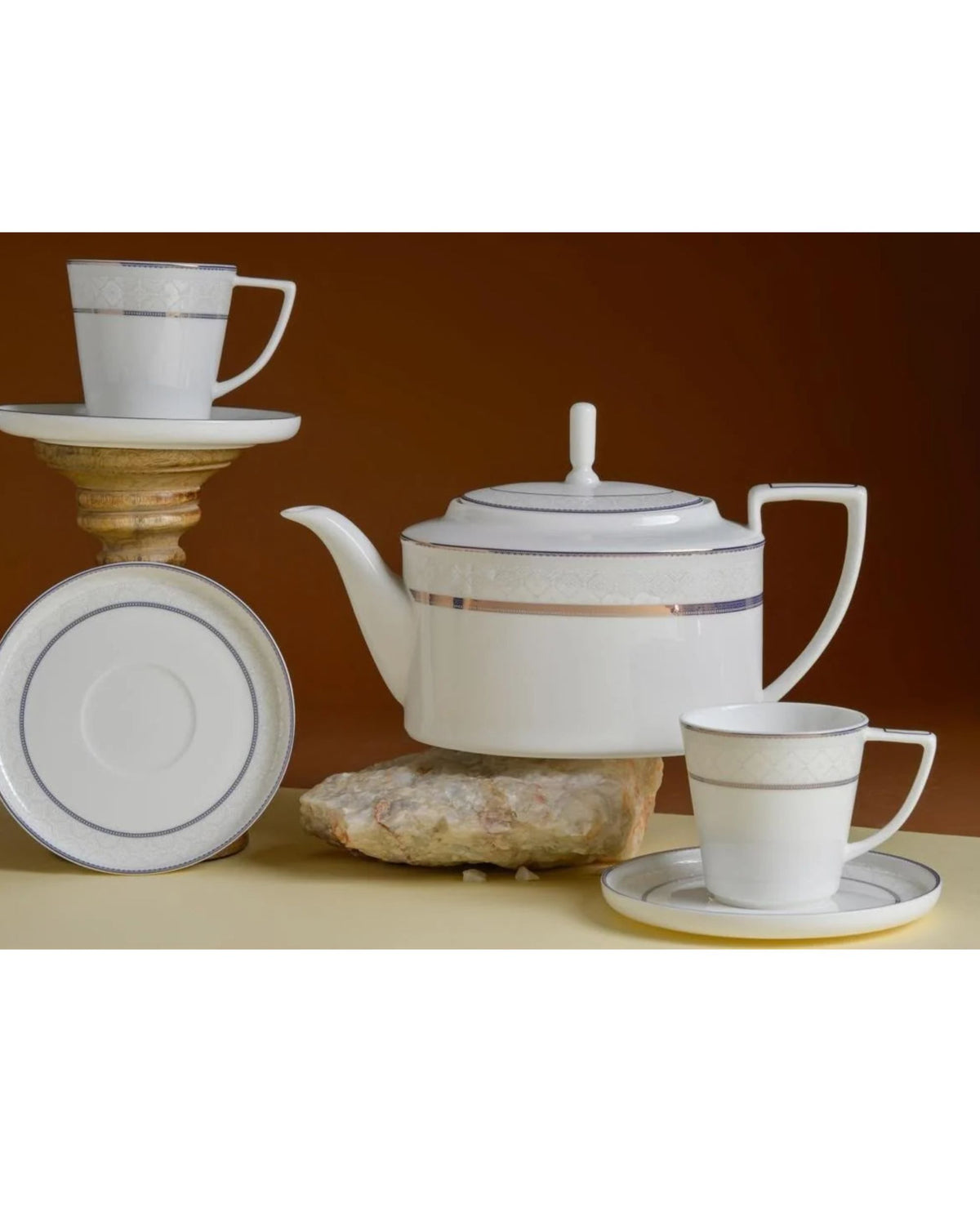 Premsons® Set of 6 White Porcelain Tea Cups with Grey Bands and Gold Accents, Includes 1 Saucer