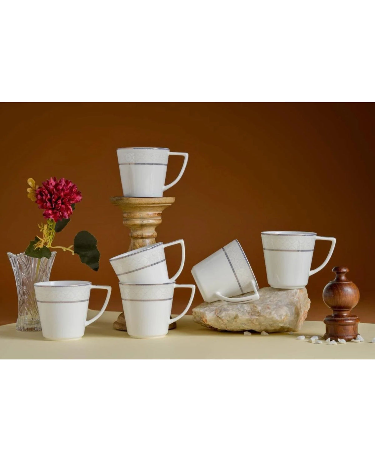 Premsons® Set of 6 White Porcelain Tea Cups with Grey Bands and Gold Accents, Includes 1 Saucer