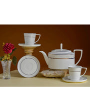 Premsons® Set of 6 White Porcelain Tea Cups with Grey Bands and Gold Accents, Includes 1 Saucer