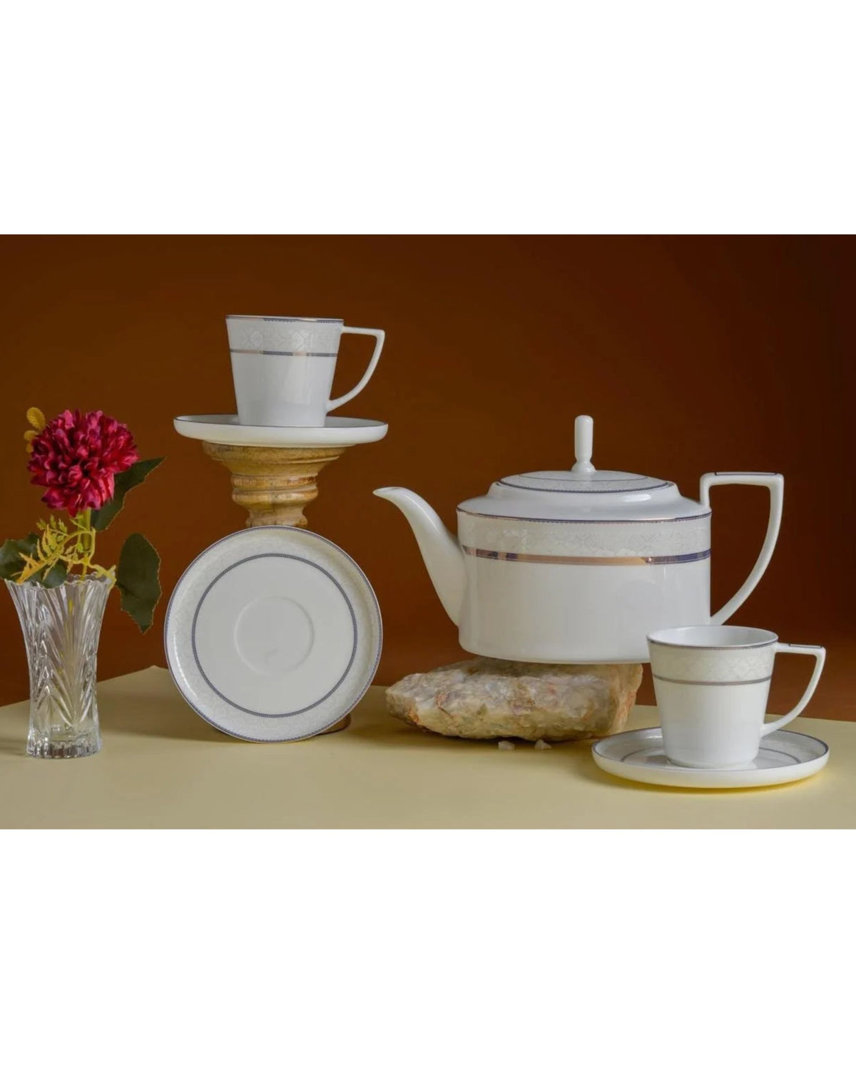 Premsons® Set of 6 White Porcelain Tea Cups with Grey Bands and Gold Accents, Includes 1 Saucer