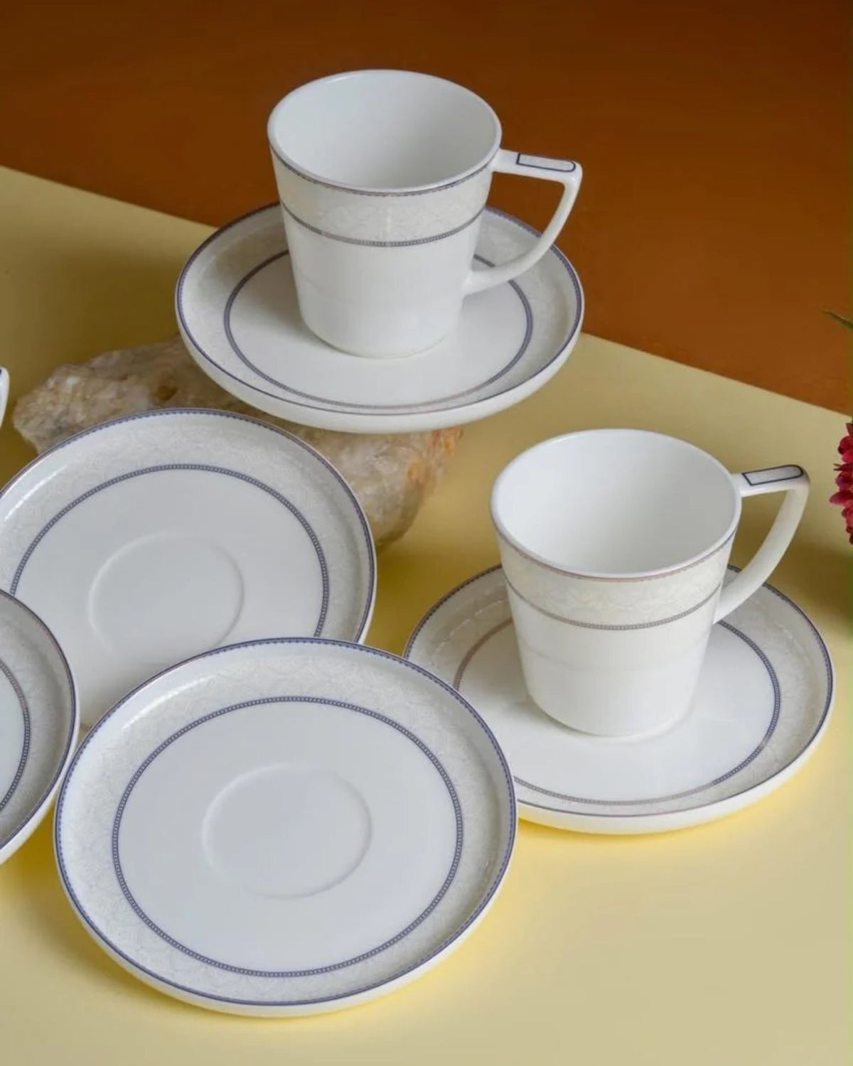 Premsons® Set of 6 White Porcelain Tea Cups with Grey Bands and Gold Accents, Includes 1 Saucer
