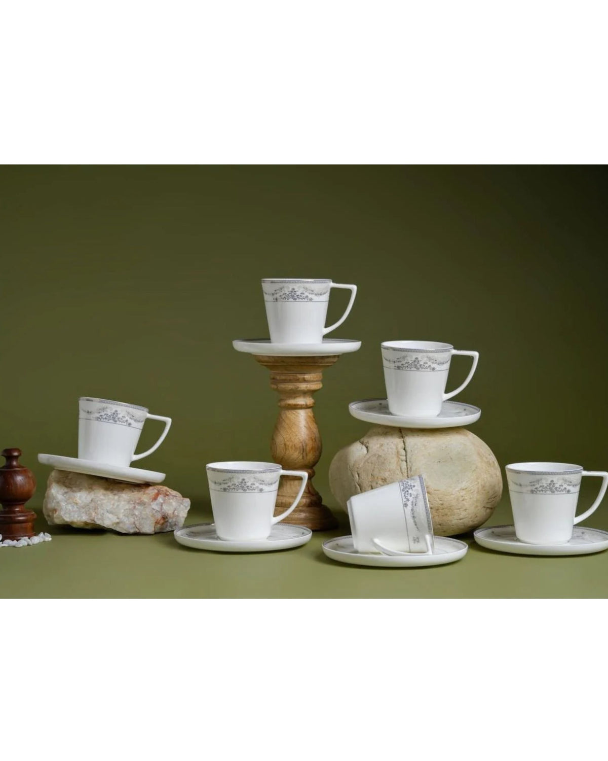 Premsons® Set of 6 White Porcelain Tea Cups with Silver Grey Floral Bands and 1 Matching Saucer
