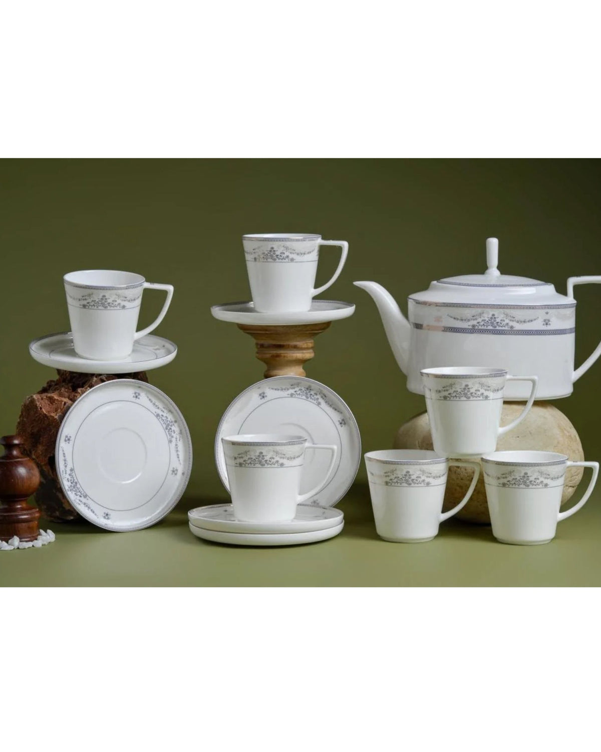 Premsons® Set of 6 White Porcelain Tea Cups with Silver Grey Floral Bands and 1 Matching Saucer