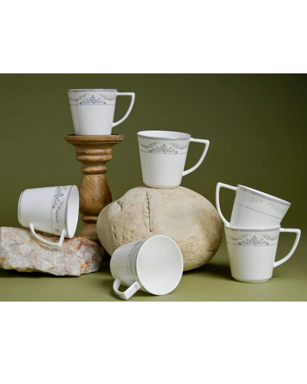 Premsons® Set of 6 White Porcelain Tea Cups with Silver Grey Floral Bands and 1 Matching Saucer