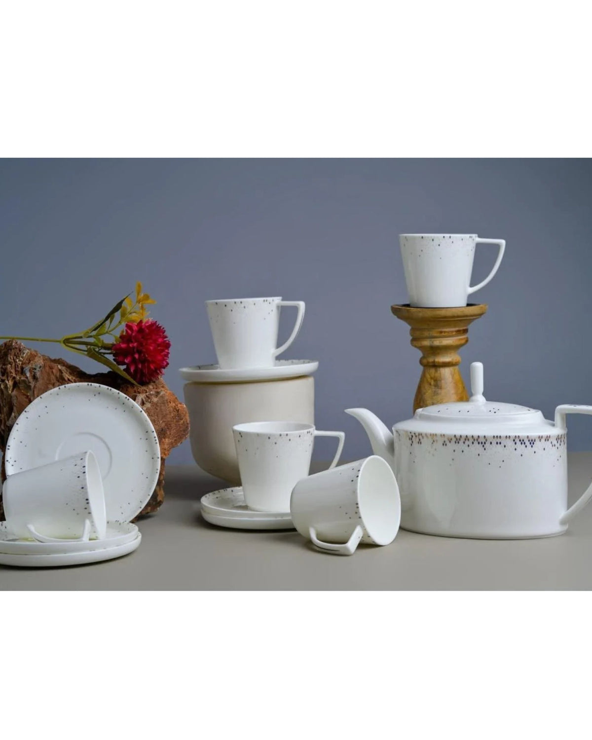Premsons® Set of 6 White Ceramic Cups with Black Speckled Design and 1 Matching Saucer