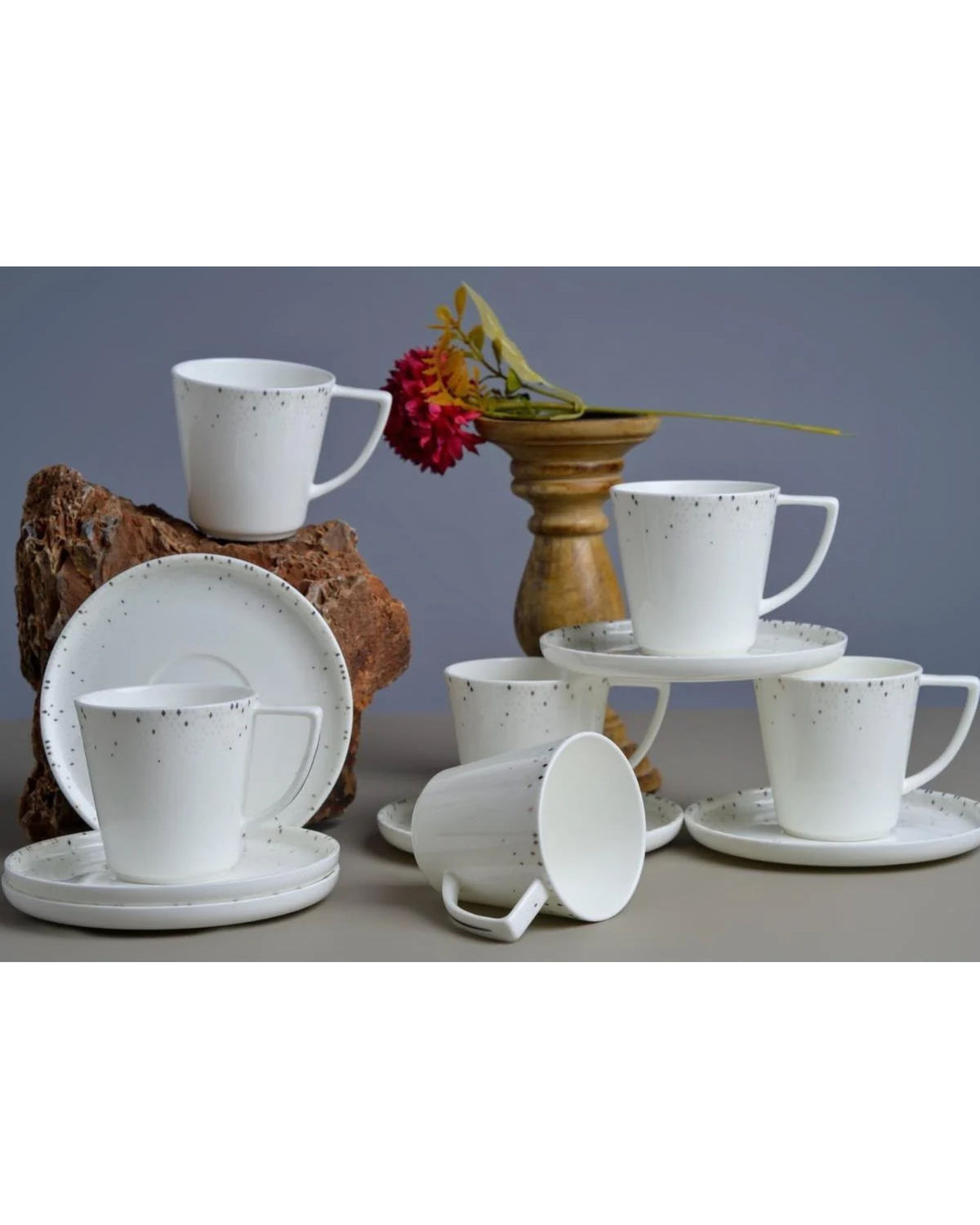 Premsons® Set of 6 White Ceramic Cups with Black Speckled Design and 1 Matching Saucer