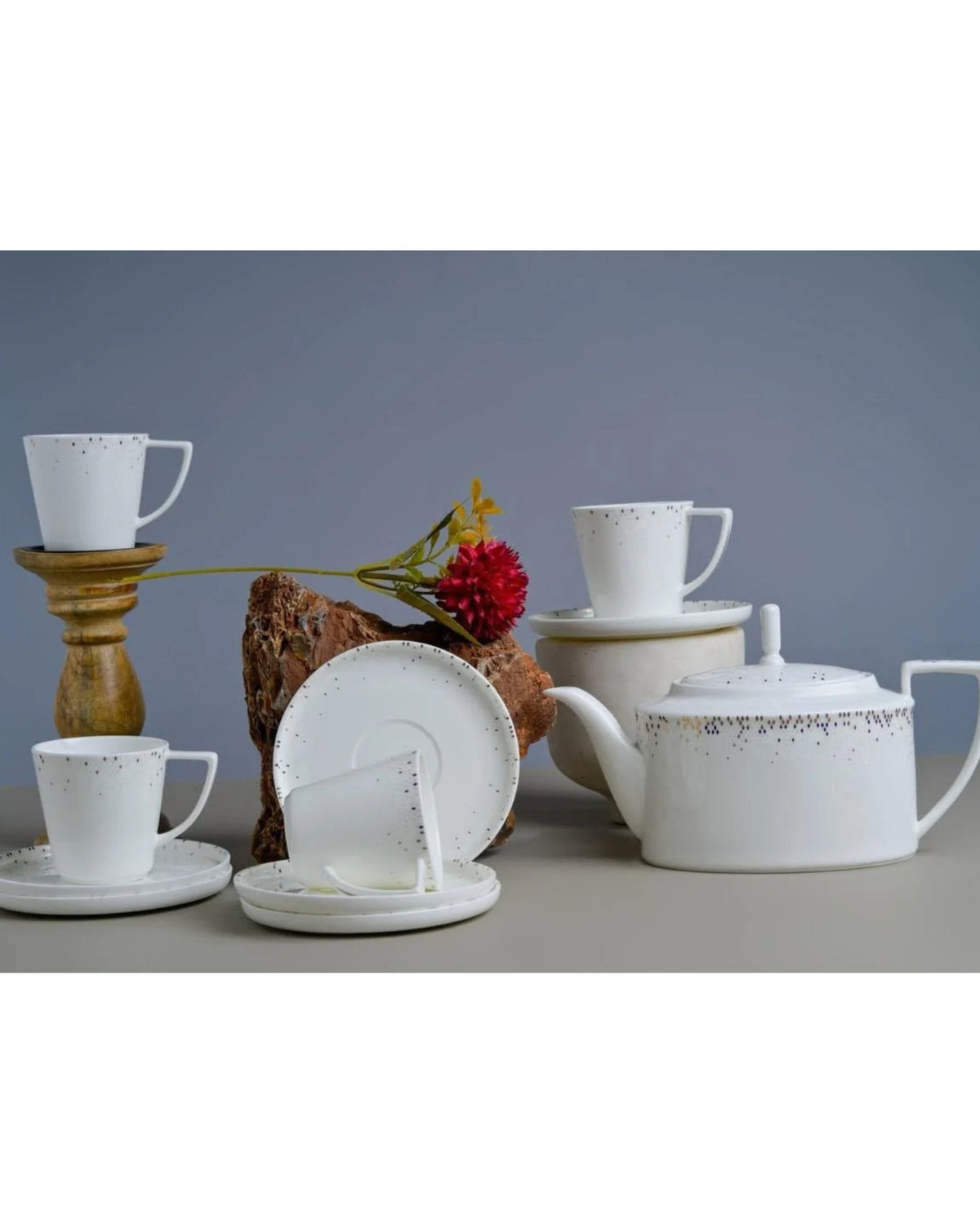Premsons® Set of 6 White Ceramic Cups with Black Speckled Design and 1 Matching Saucer