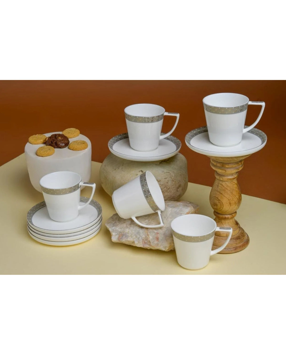 Premsons® Set of 6 White Tea Cups with Gold Grey Patterned Bands and Matching Saucer