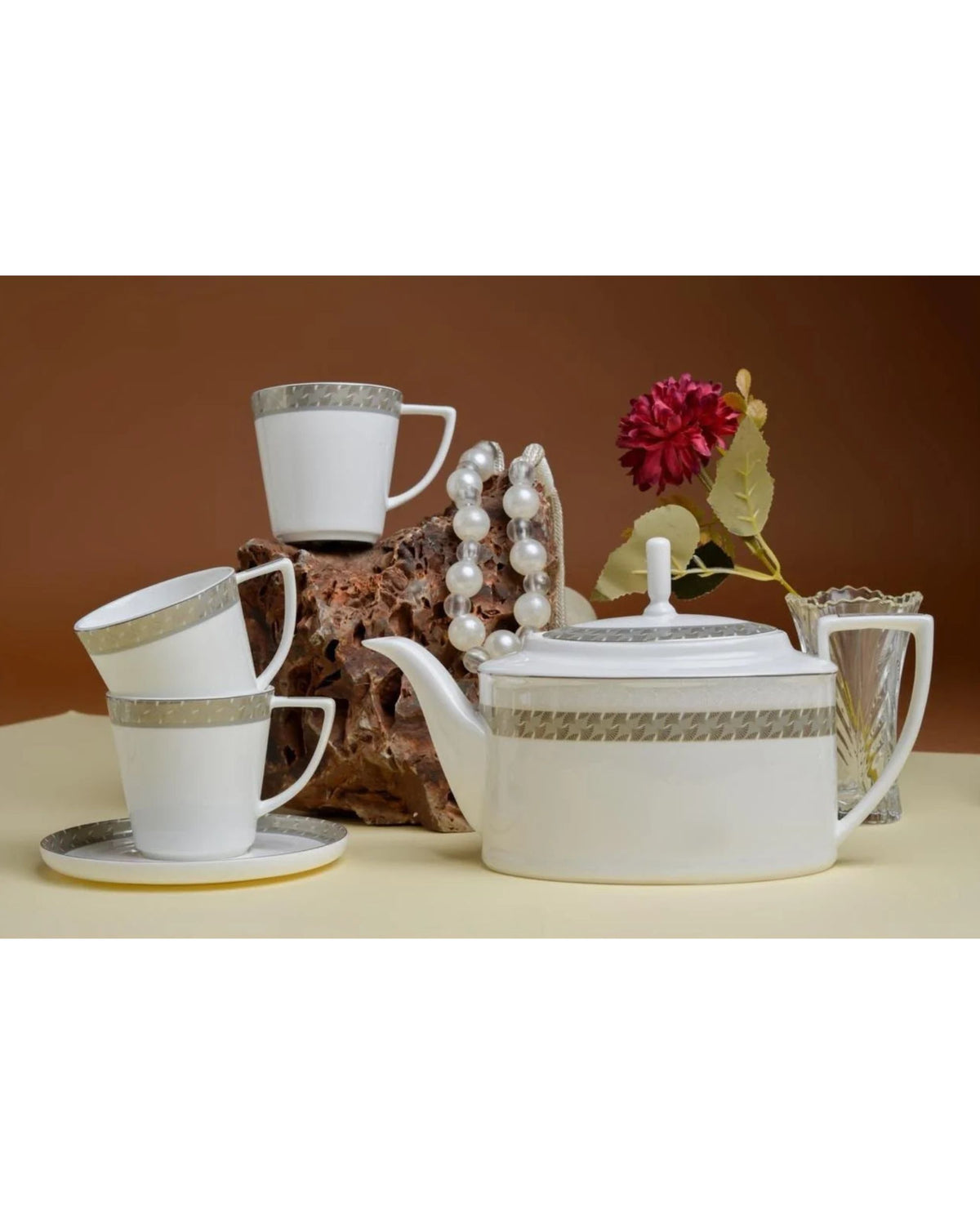 Premsons® Set of 6 White Tea Cups with Gold Grey Patterned Bands and Matching Saucer