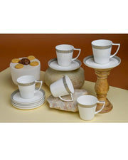 Premsons® Set of 6 White Tea Cups with Gold Grey Patterned Bands and Matching Saucer
