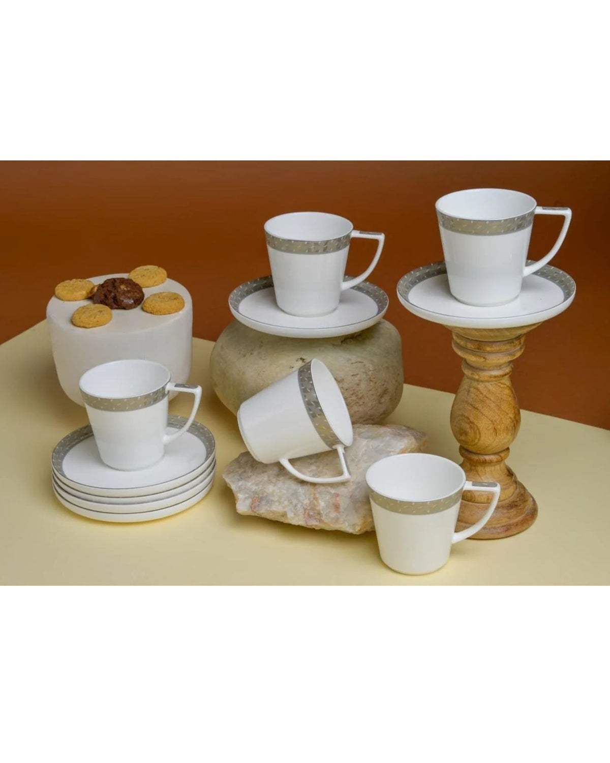Premsons® Set of 6 White Tea Cups with Gold Grey Patterned Bands and Matching Saucer