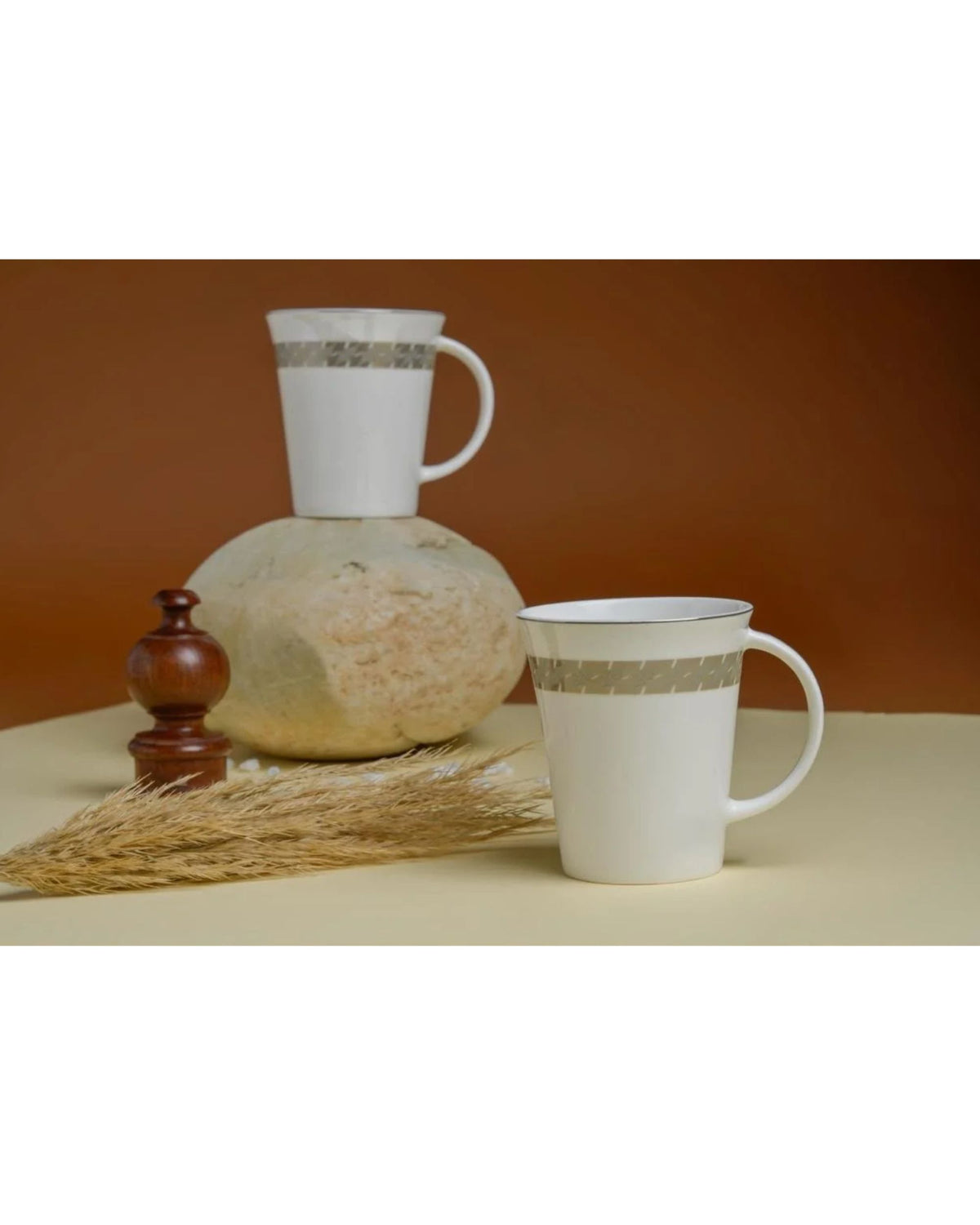 Premsons® Set of 6 White Tea Cups with Gold Grey Patterned Bands and Matching Saucer