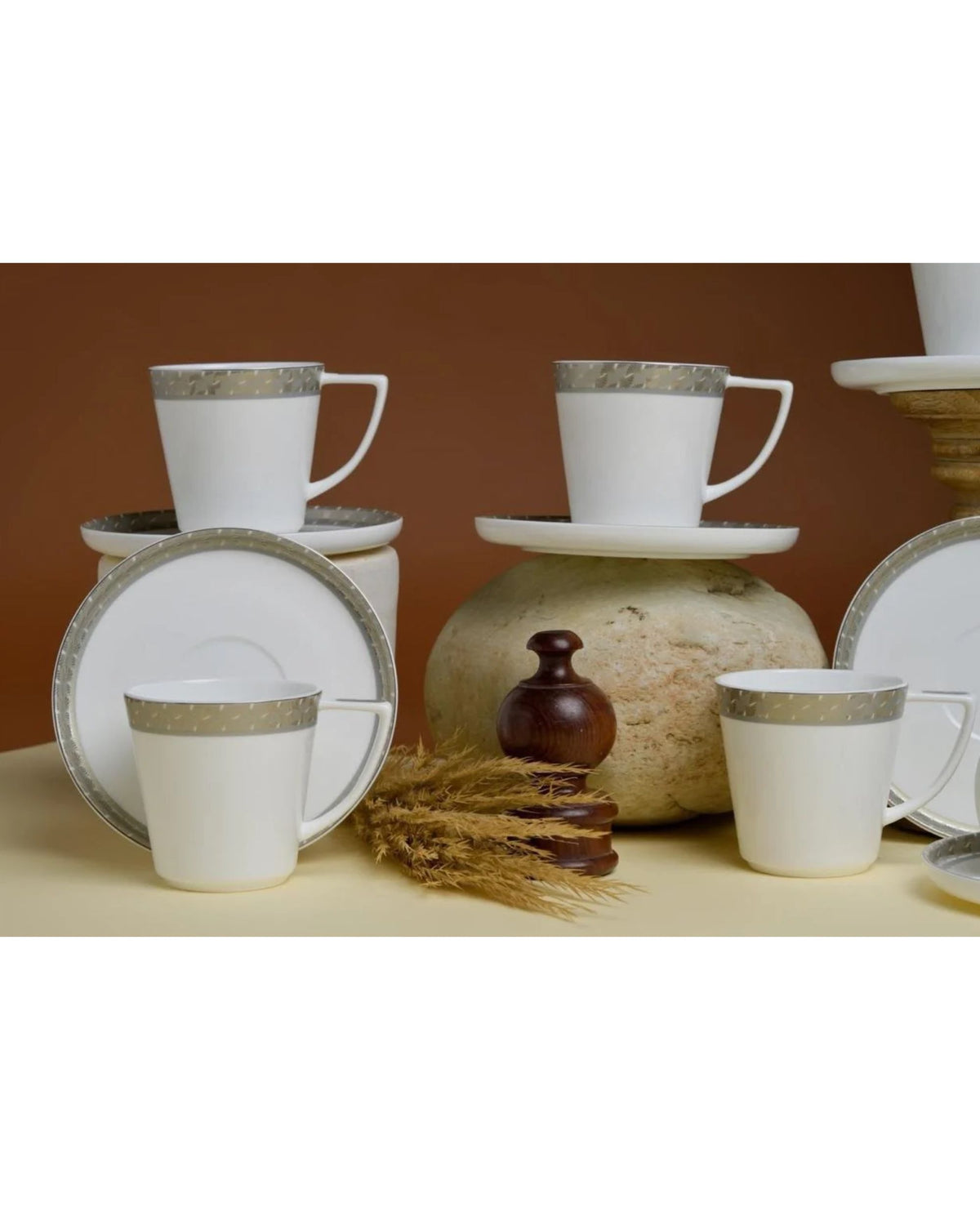 Premsons® Set of 6 White Tea Cups with Gold Grey Patterned Bands and Matching Saucer