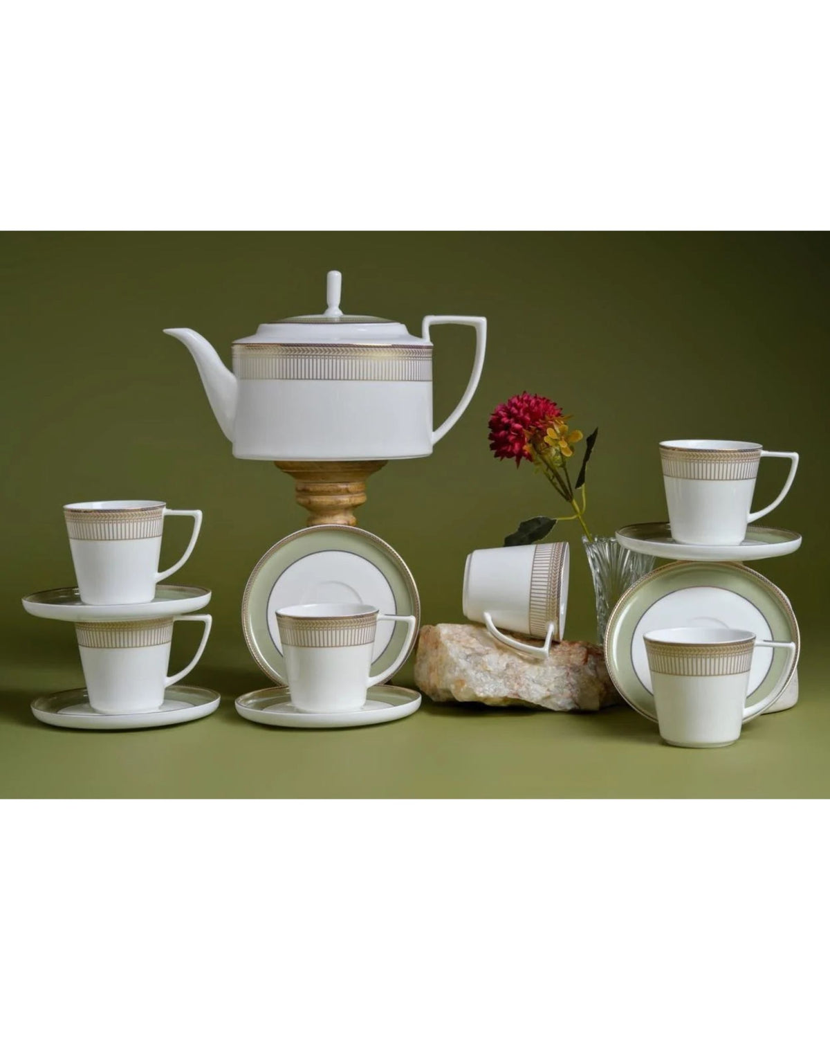 Premsons® Set of 6 White Tea Cups with Gold Geometric Bands and Contemporary Design