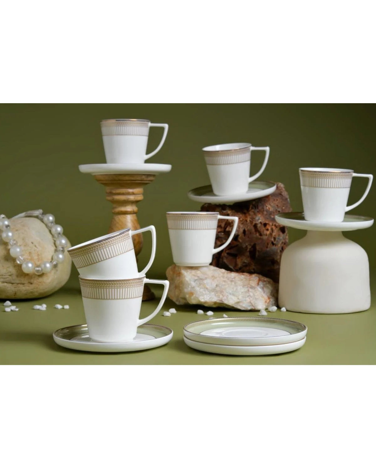 Premsons® Set of 6 White Tea Cups with Gold Geometric Bands and Contemporary Design