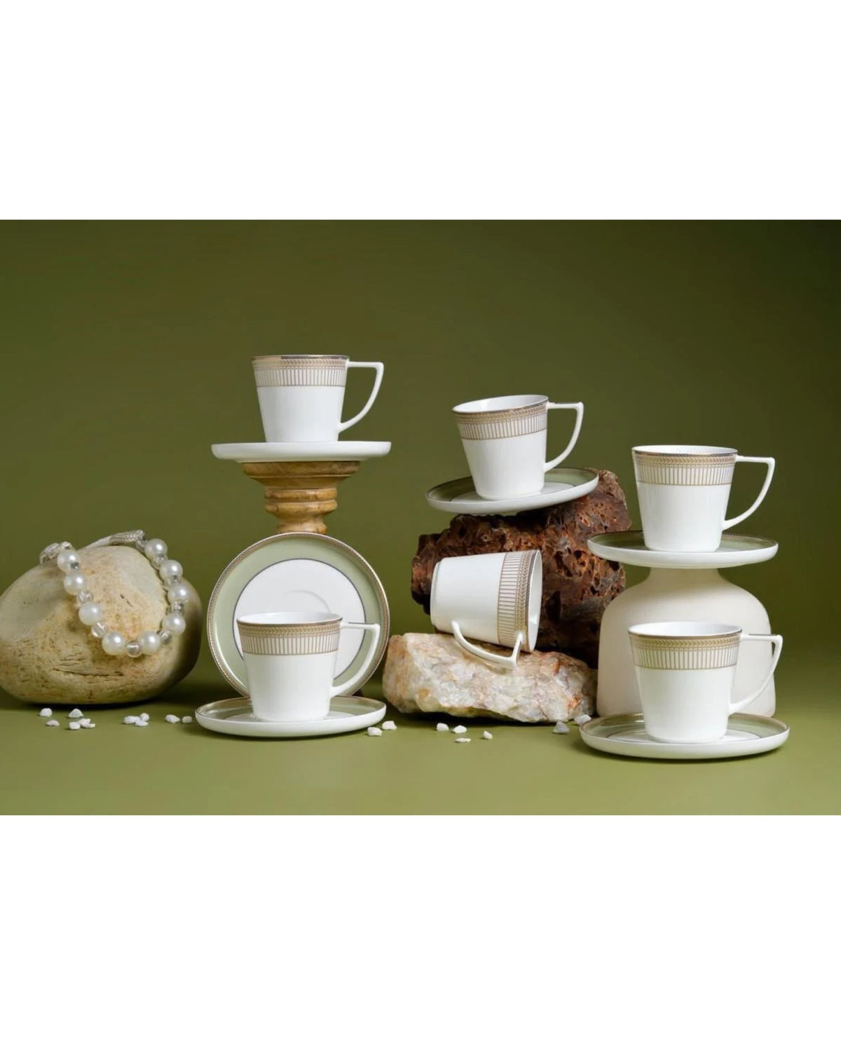 Premsons® Set of 6 White Tea Cups with Gold Geometric Bands and Contemporary Design
