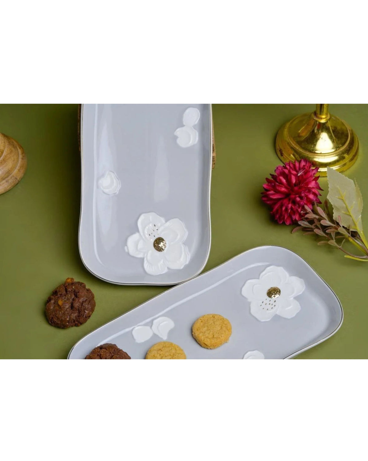 Premsons® Large White Ceramic Serving Platter with Raised Floral Design and Gold Accents