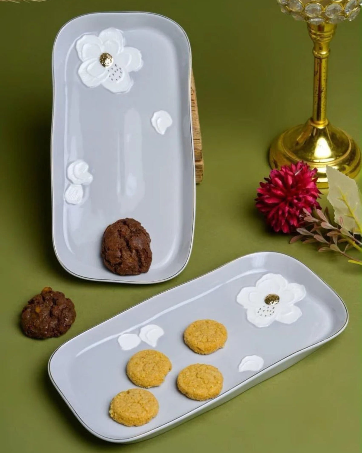 Premsons® Large White Ceramic Serving Platter with Raised Floral Design and Gold Accents