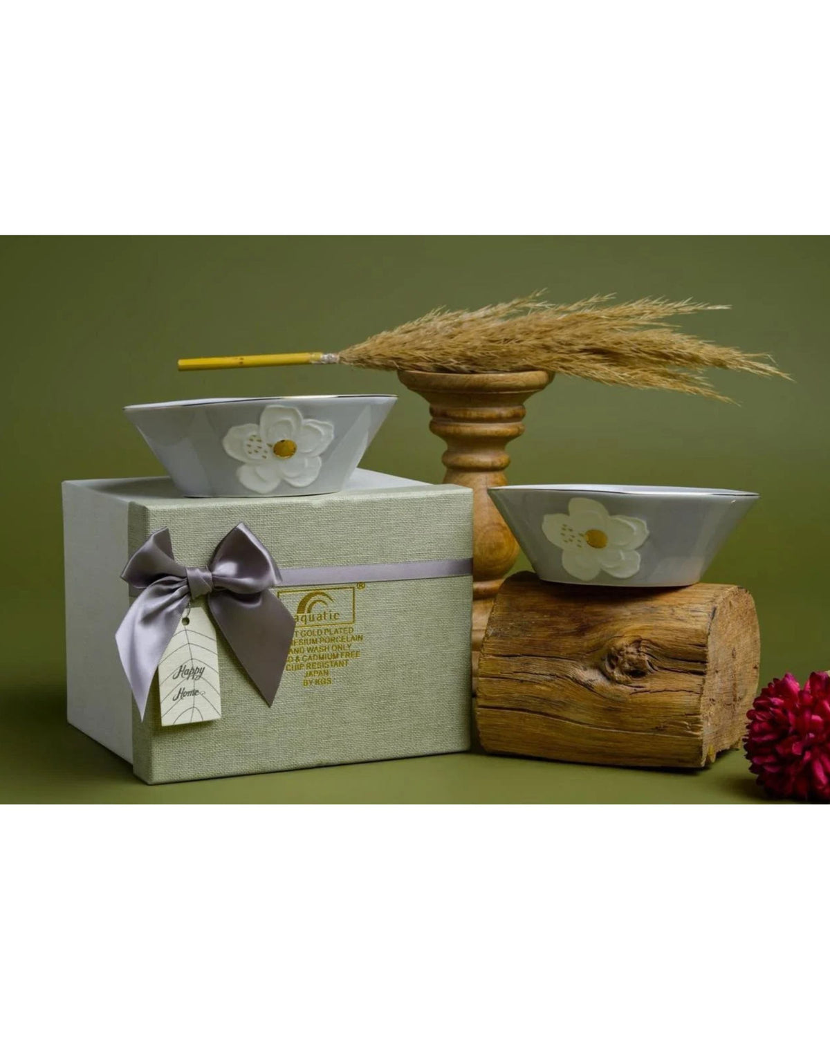 Premsons® Set of 2 Grey Ceramic Bowls with Raised White Floral Design and Gold Accents