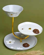 Premsons® 3-Tier Grey Floral Serving Stand with Gold Metal Frame and Raised Flower Design