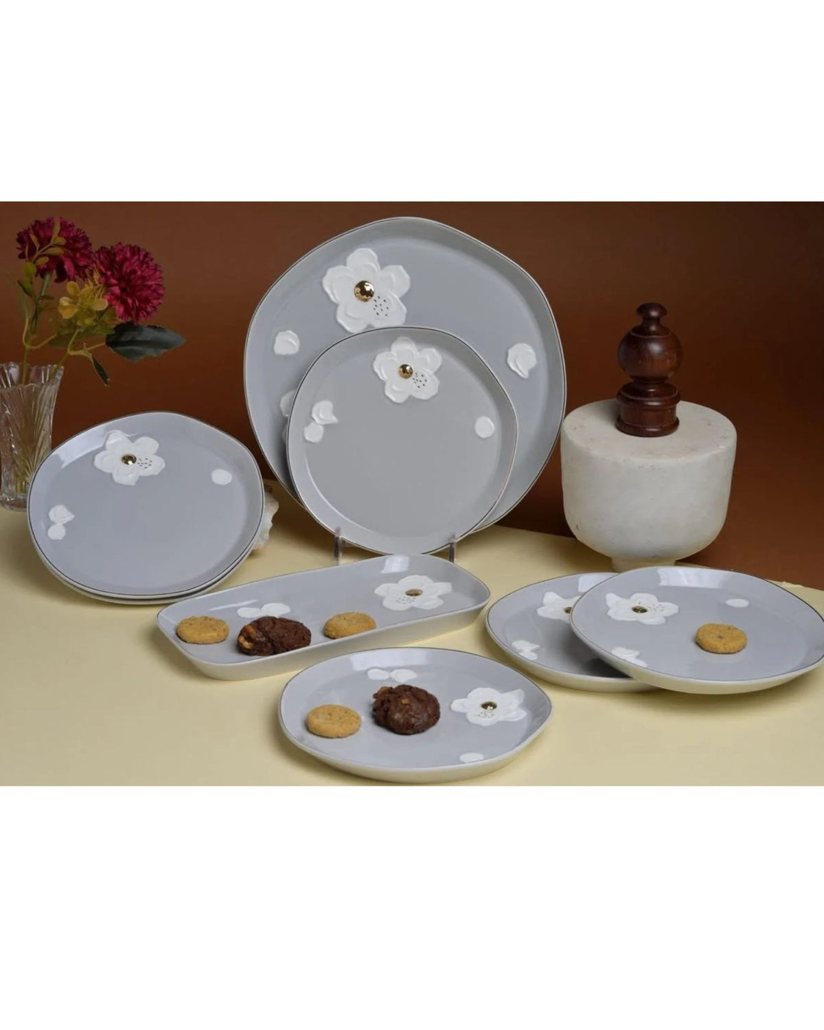 Premsons® Set of 4 Ivory Ceramic Floral Decorative Dishes with Raised White Flowers and Gold Accents
