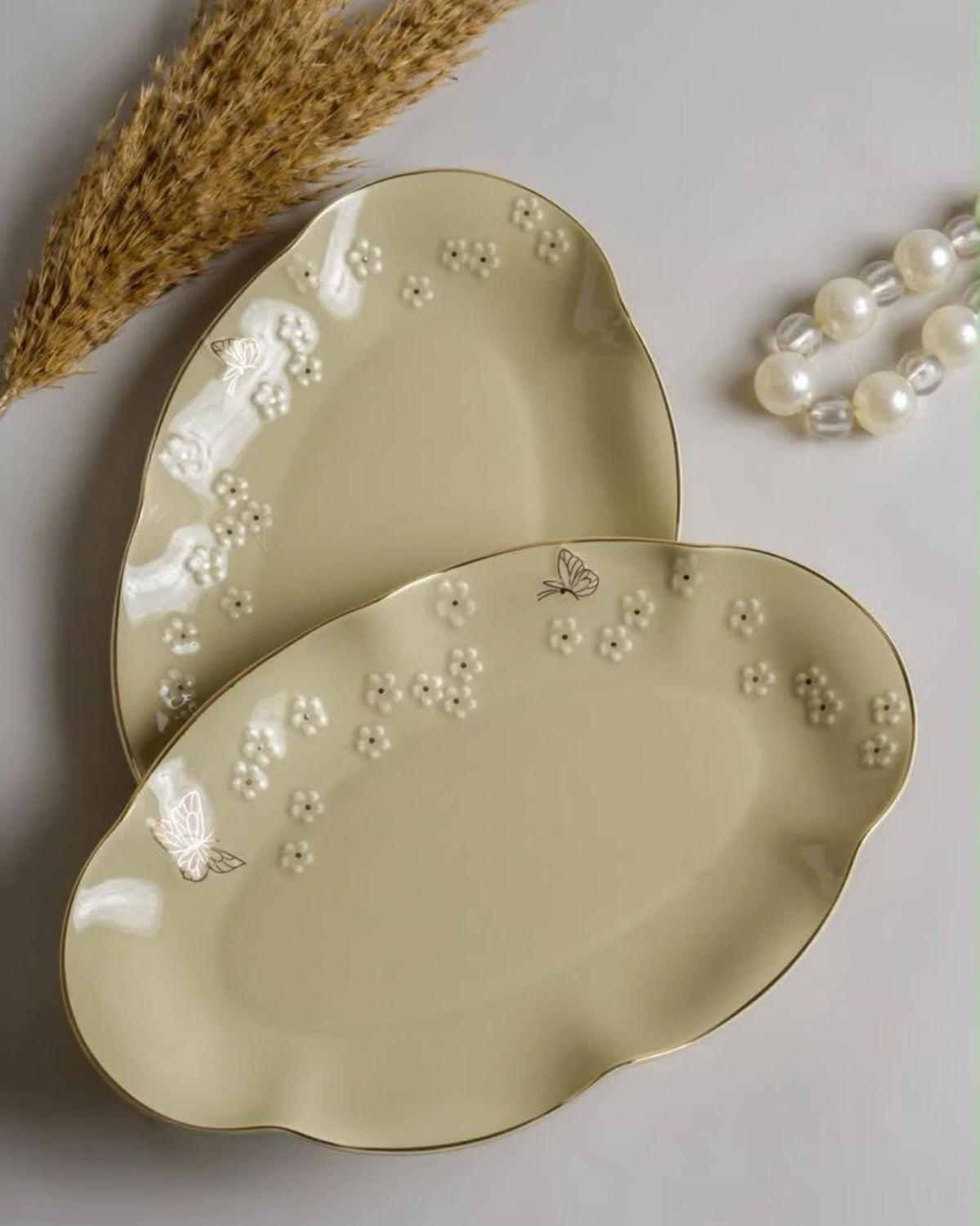 Premsons® Set of 2 Ivory Green Ceramic Serving Plates with Raised Floral Detailing and Gold Butterfly Accents