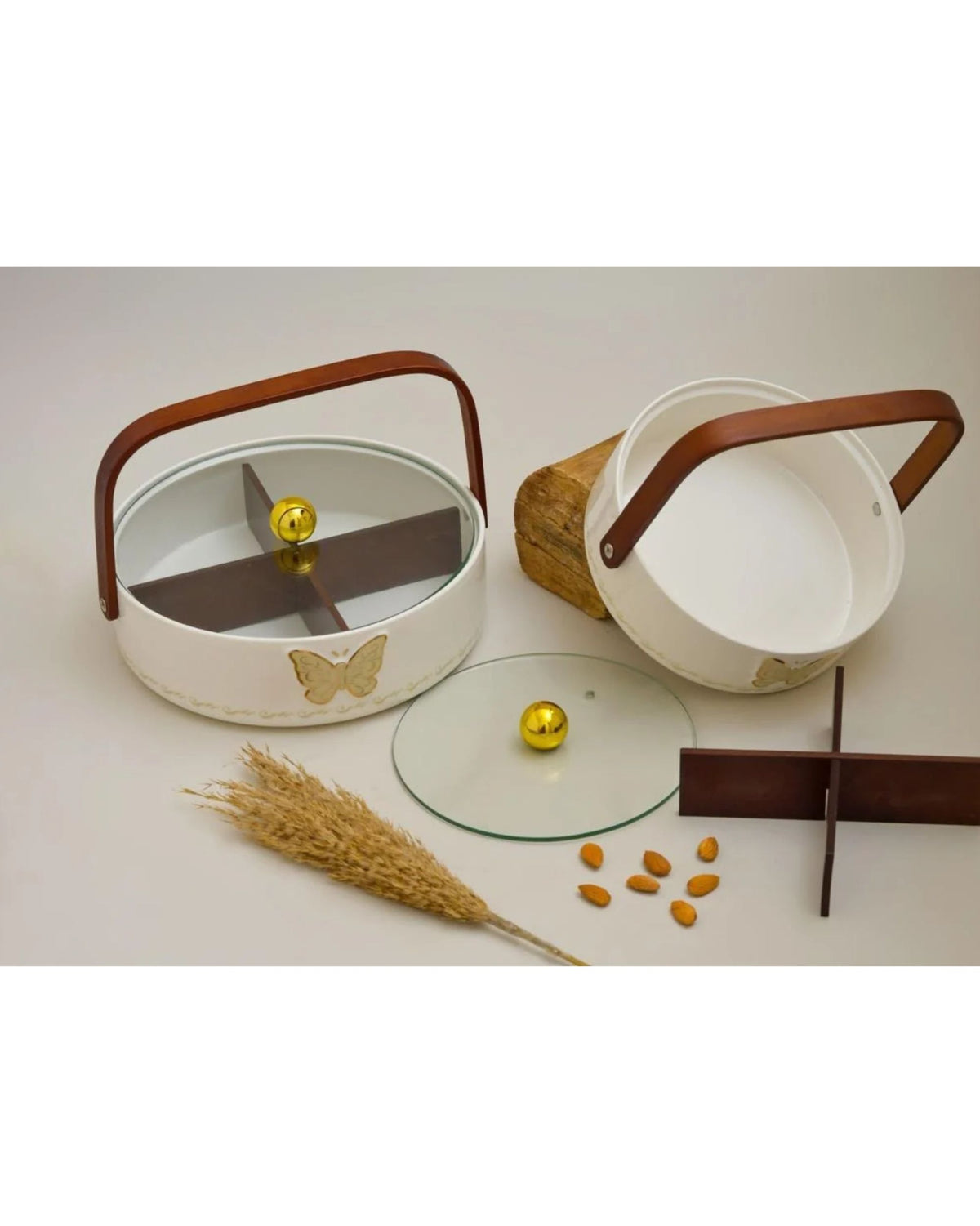 Small white ceramic storage basket with wooden handle, gold butterfly motif, and removable glass tray