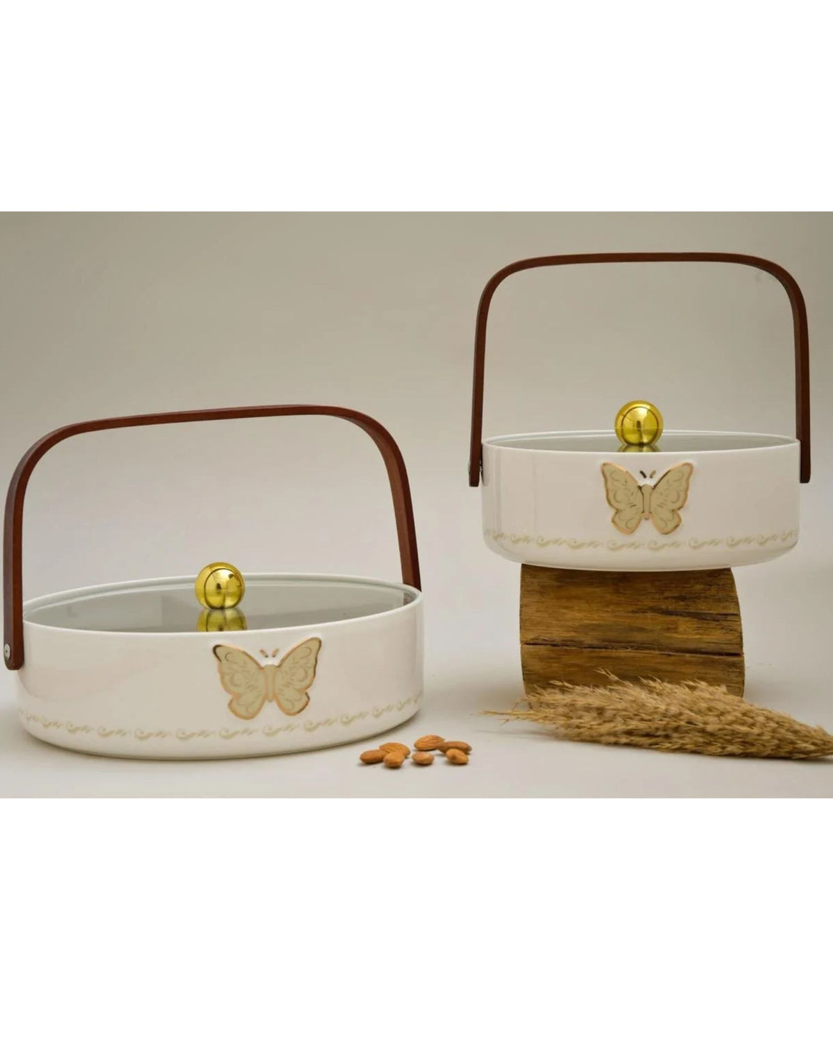 Premsons®Medium White Ceramic Storage Basket with Wooden Handle and Gold Butterfly Design (Copy)