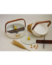 Premsons®Medium White Ceramic Storage Basket with Wooden Handle and Gold Butterfly Design (Copy)