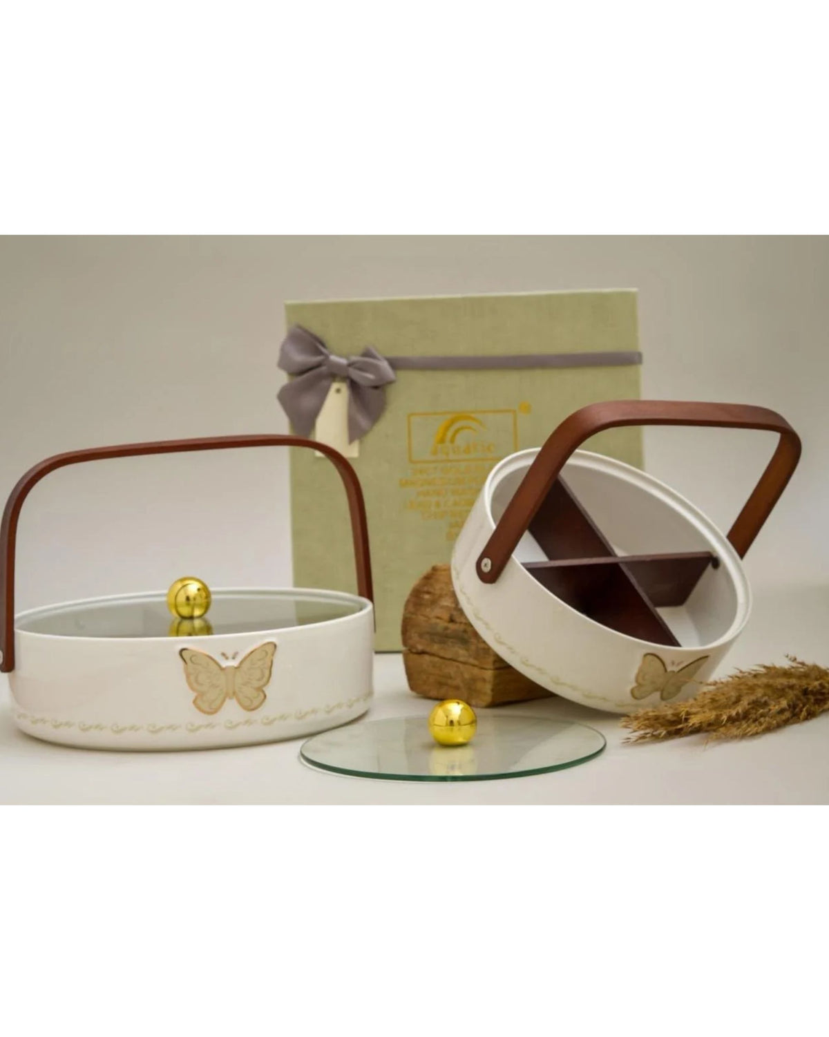 Premsons®Medium White Ceramic Storage Basket with Wooden Handle and Gold Butterfly Design (Copy)