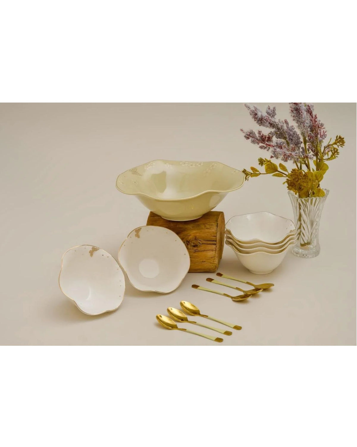 Premsons® ivory serving bowl set with scalloped edges, gold floral accents, and gold-tone spoons