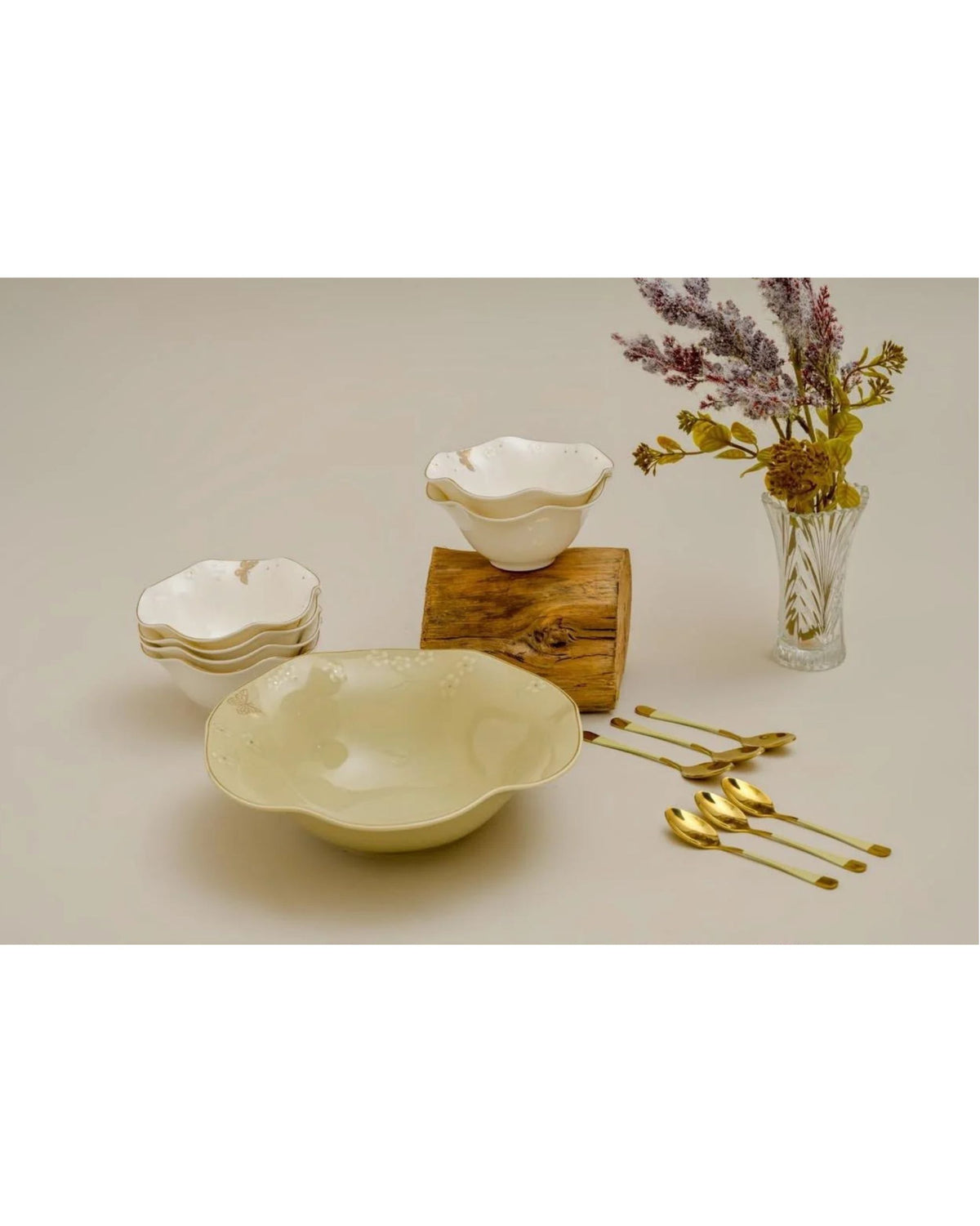 Premsons® set of scalloped ivory serving bowls with gold floral details and gold-tone spoons