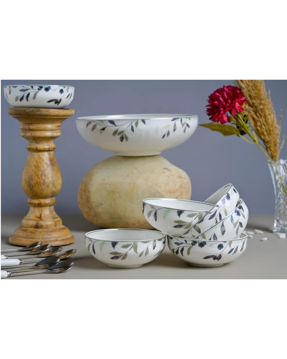 Premsons® Set of 6 Floral Porcelain Bowls with 1 Large Serving Bowl, Blue Green Botanical Design
