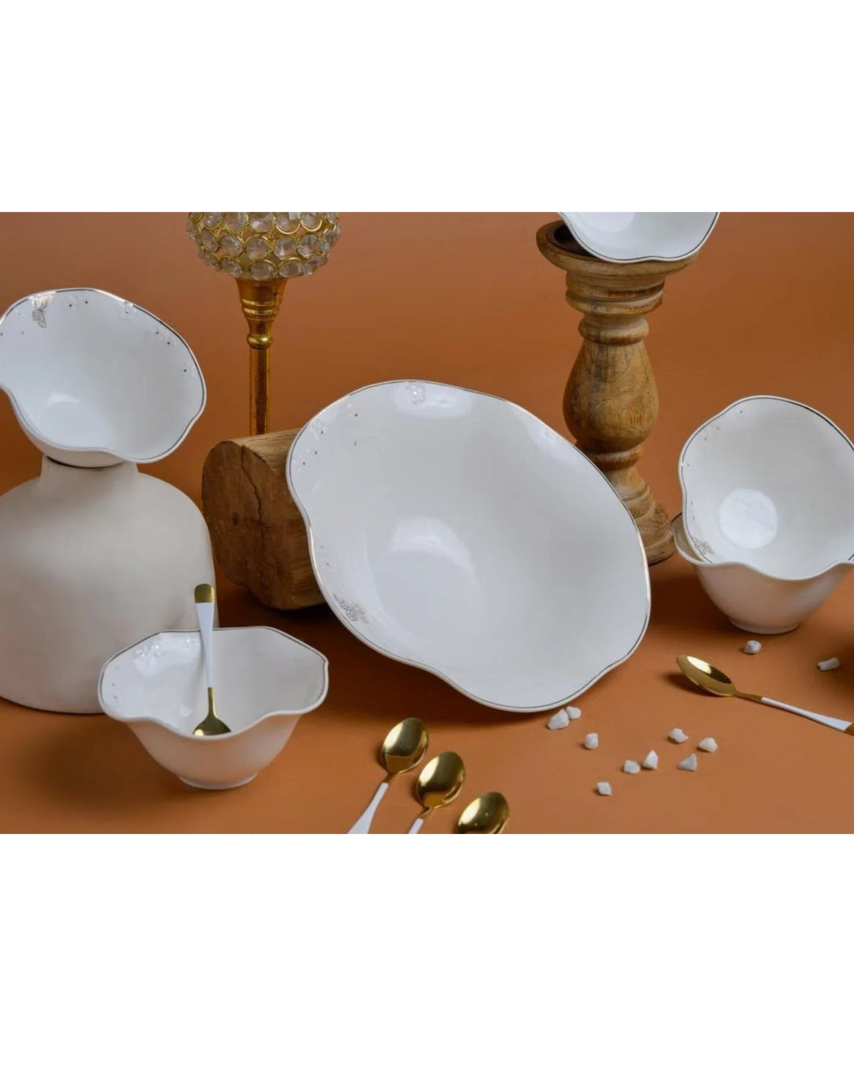 Premsons® White Ceramic Serving Bowl Set with Irregular Scalloped Edges and Gold Accents