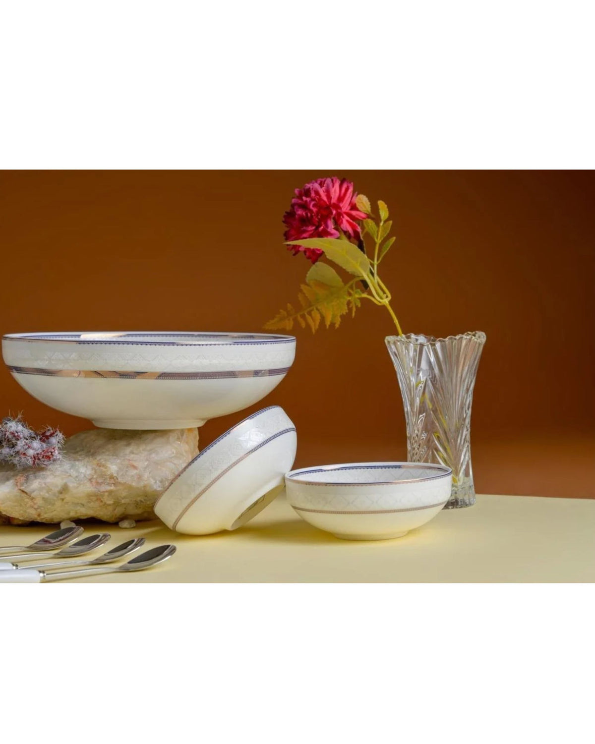 Premsons® White Porcelain Serving Bowl Set with Silver Grey and Gold Bands