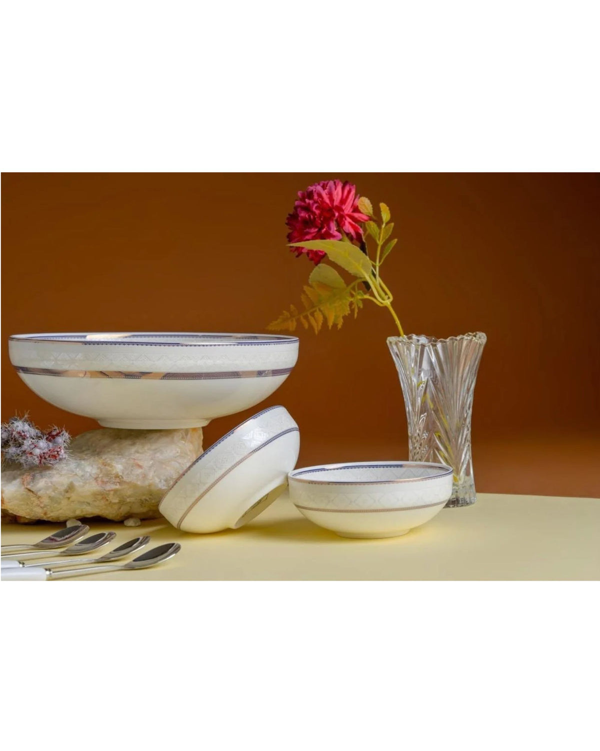 Premsons® White Porcelain Serving Bowl Set with Silver Grey and Gold Bands