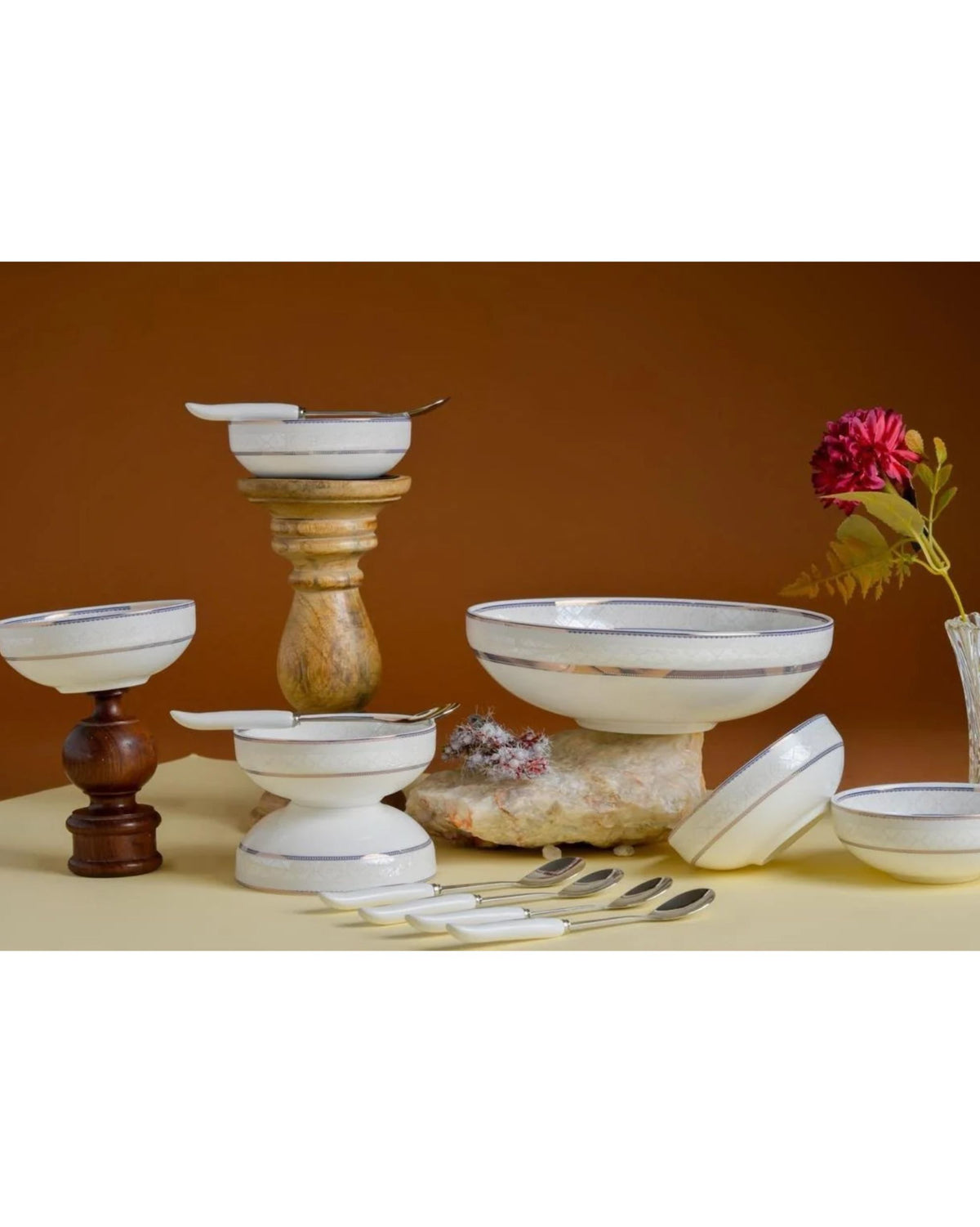 Premsons® White Porcelain Serving Bowl Set with Silver Grey and Gold Bands