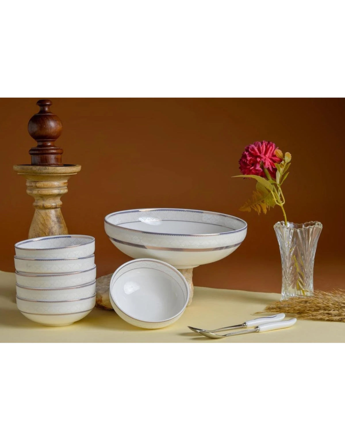 Premsons® White Porcelain Serving Bowl Set with Silver Grey and Gold Bands