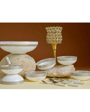 Premsons® Set of 6 White Serving Bowls with Champagne Gold Patterned Borders and 1 Large Serving Bowl